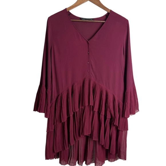 Zara Woman Contrasting Pleated Tunic Dress Burgundy Size S Bell Sleeves V Neck - Picture 2 of 11